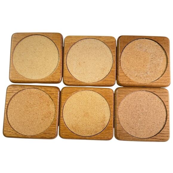 Set Of 6 Wooden Coasters With Cork Insert Matching Holder Vintage 80s Golden Oak - Picture 3 of 12